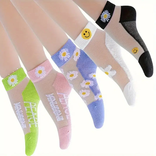 Pair of 5 Women's Breathable Ankle Socks with Floral Prints