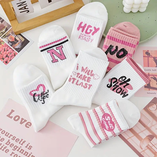 5 Pairs of Pink Letter Socks for Women, Cute And Sweet Calf-Length