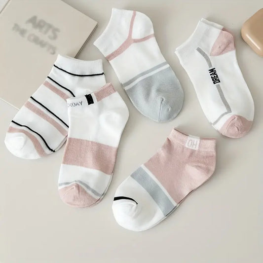 5 Pairs of Women's Summer Short Socks, Striped Breathable Color-Mixing Boat Socks, Pink Fresh Women's Socks