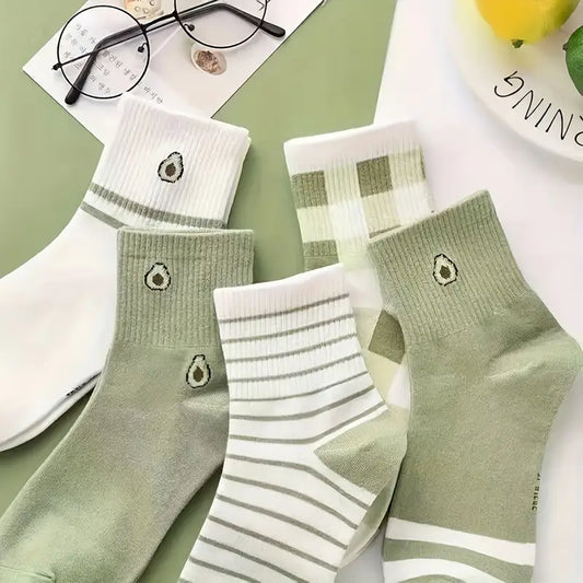 Pair of 5 Avocado Green Cartoon Mid-Calf Socks for Women