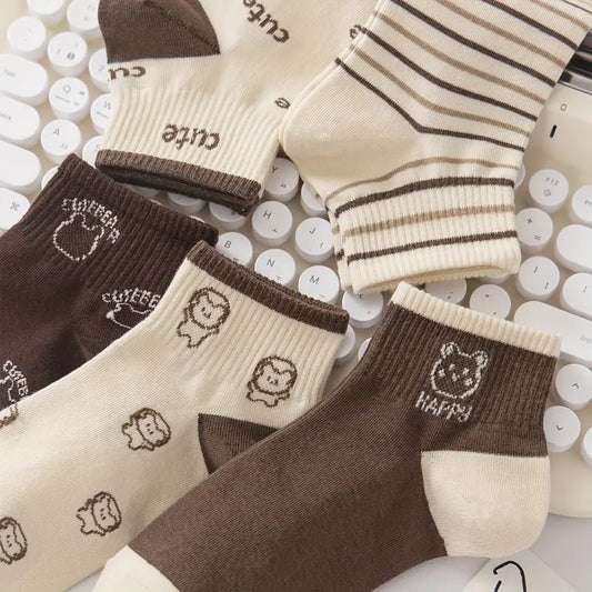 Cute Bear & Letter Socks, Cute College Style Short Socks (Bundle of 5)
