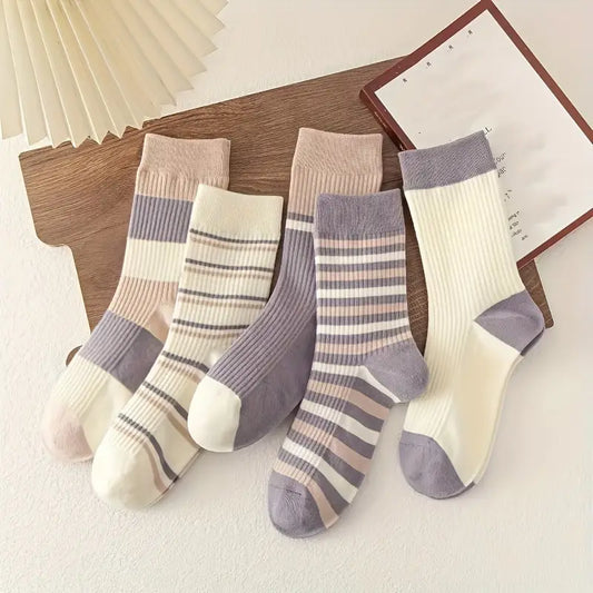 5pcs Cozy Striped Crew Socks for Women, Soft, Mid-Calf Length, Machine Washable - Perfect for Winter Comfort, Cute Socks