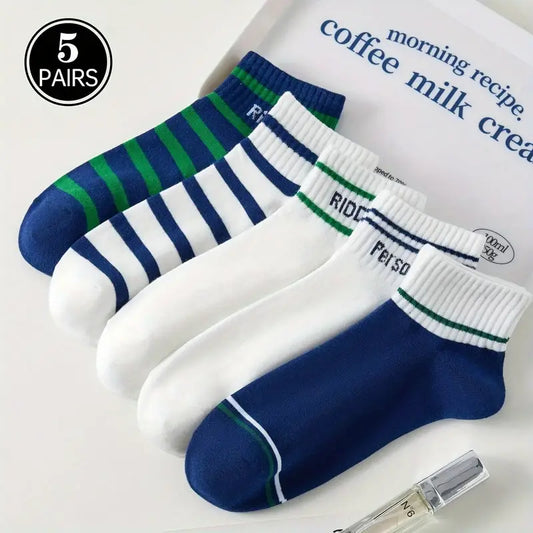 5 Pairs Letter & Striped Socks, Casual & Breathable Short Socks,