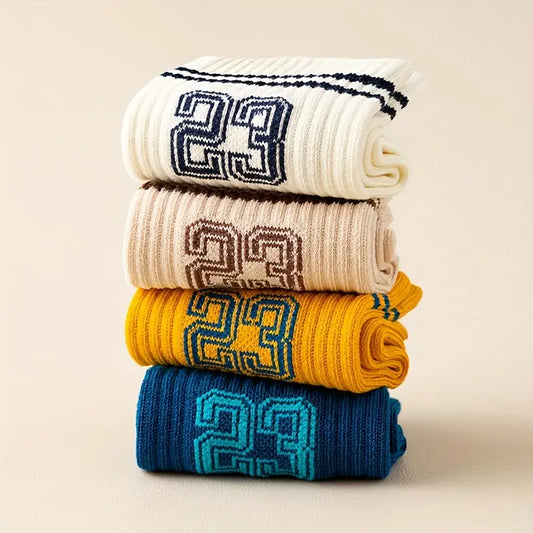 5pcs Boys' Athletic Crew Socks - Soft, Comfortable & Versatile with Striped Design for All Seasons