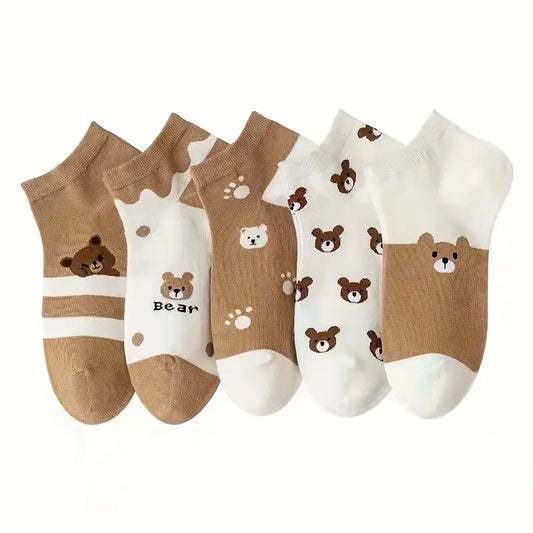 5 Pairs Cartoon Print Socks, Comfy & Breathable Low Cut Ankle Socks