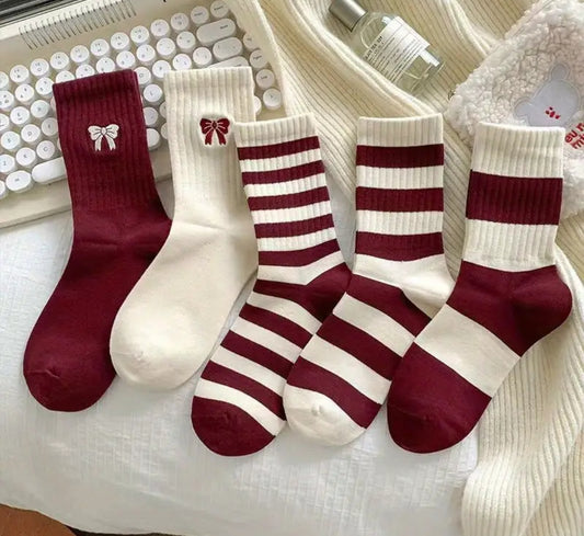 Red Mid-Calf Socks with a Bow And Burgundy Striped