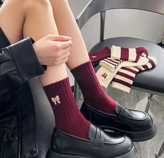 Red Mid-Calf Socks with a Bow And Burgundy Striped